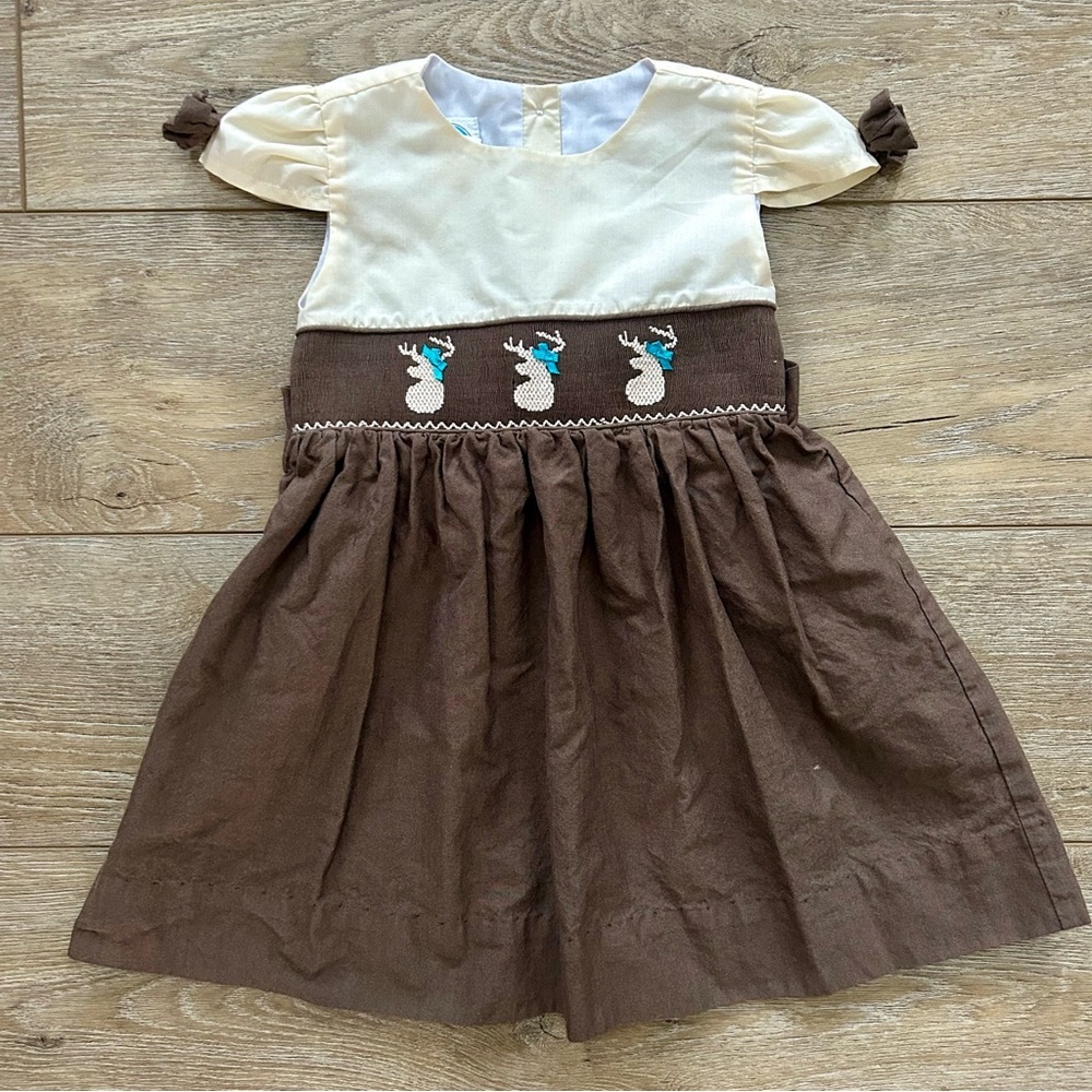 Krewe Smocked Embroidered Deer Toddler Girls‎ Dress Sz 3T Brown and Beige Cotton